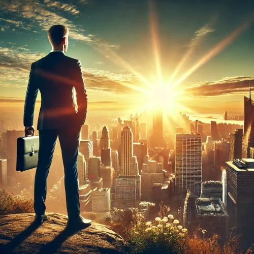 A motivational and aspirational image of a determined entrepreneur envisioning success. The person is standing confidently on a hilltop overlooking a vibrant city skyline at sunrise, symbolizing hope and ambition. They are dressed in business-casual attire, holding a briefcase in one hand and looking into the distance. The scene includes a radiant sun casting a golden glow across the landscape, representing opportunity and growth. The overall atmosphere conveys determination, inspiration, and a vision for achieving great success in life and business.